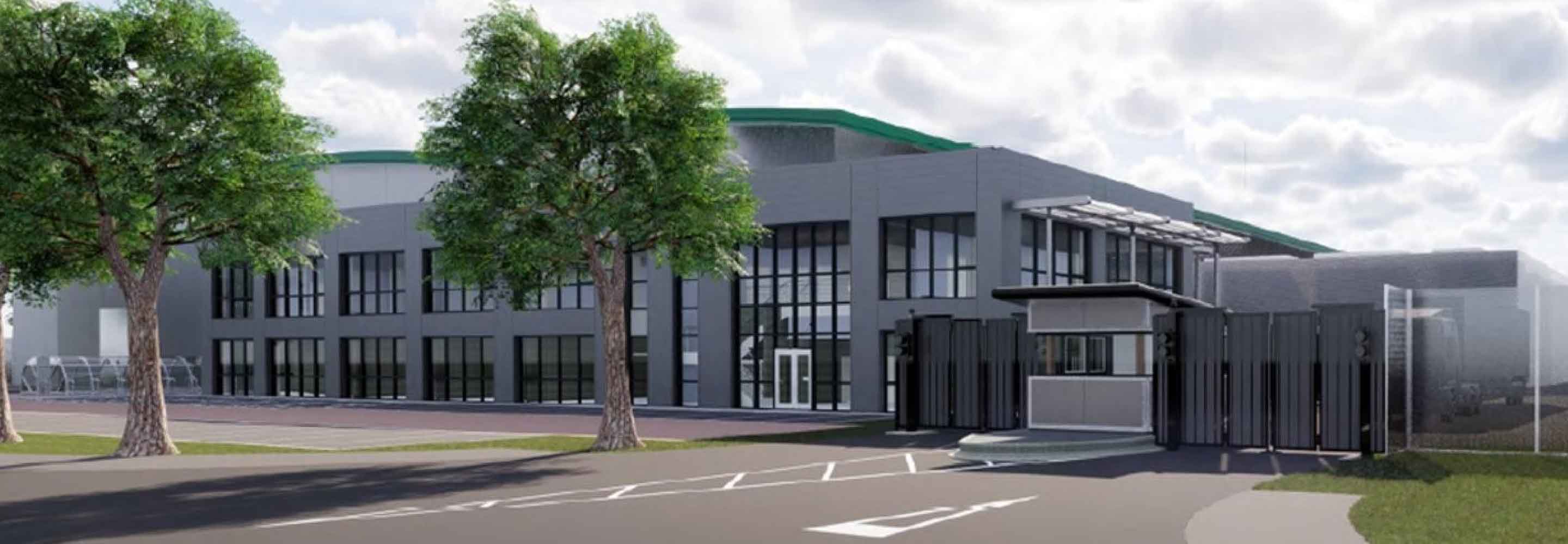 A dark grey building with big windows