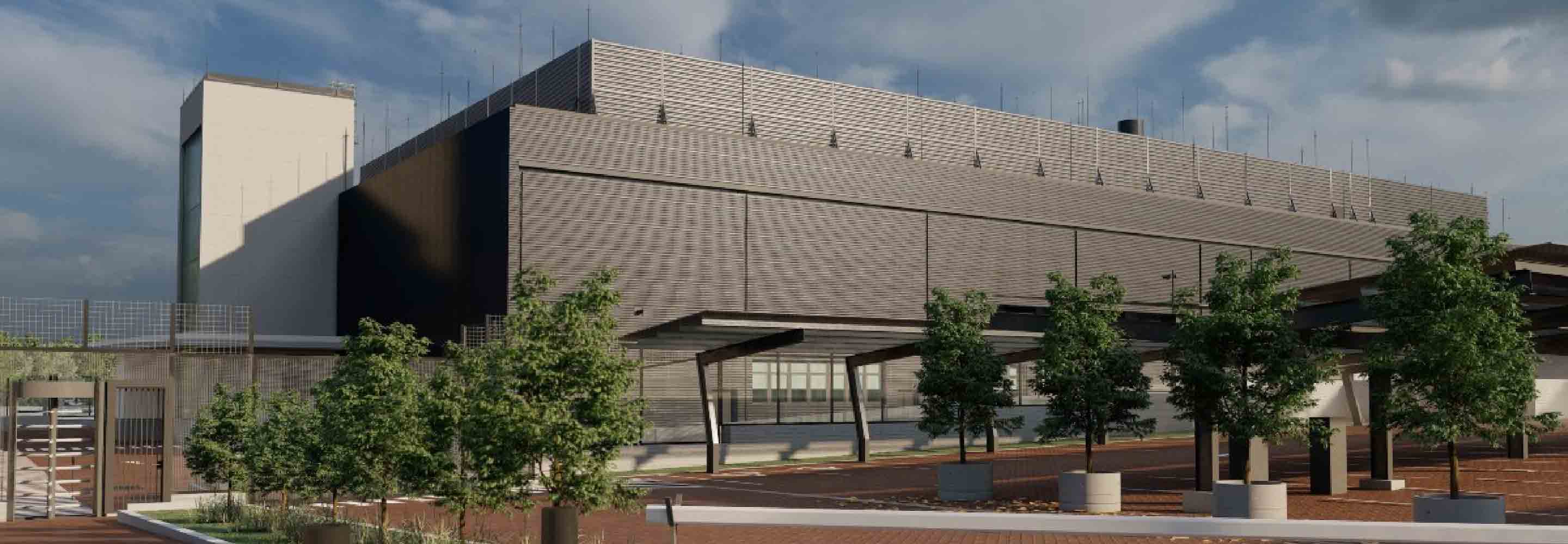 A building with outside shelter and trees