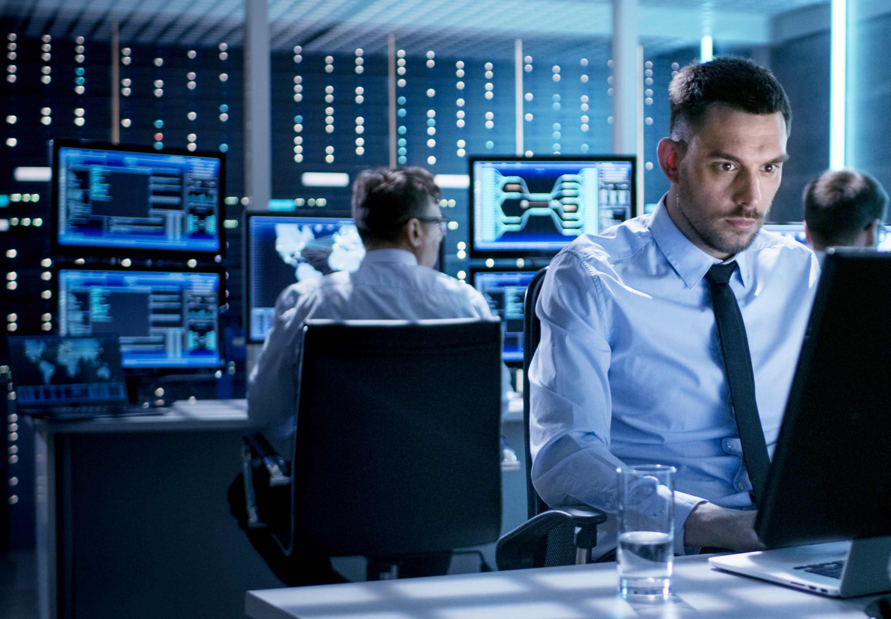 Team working in a networking room