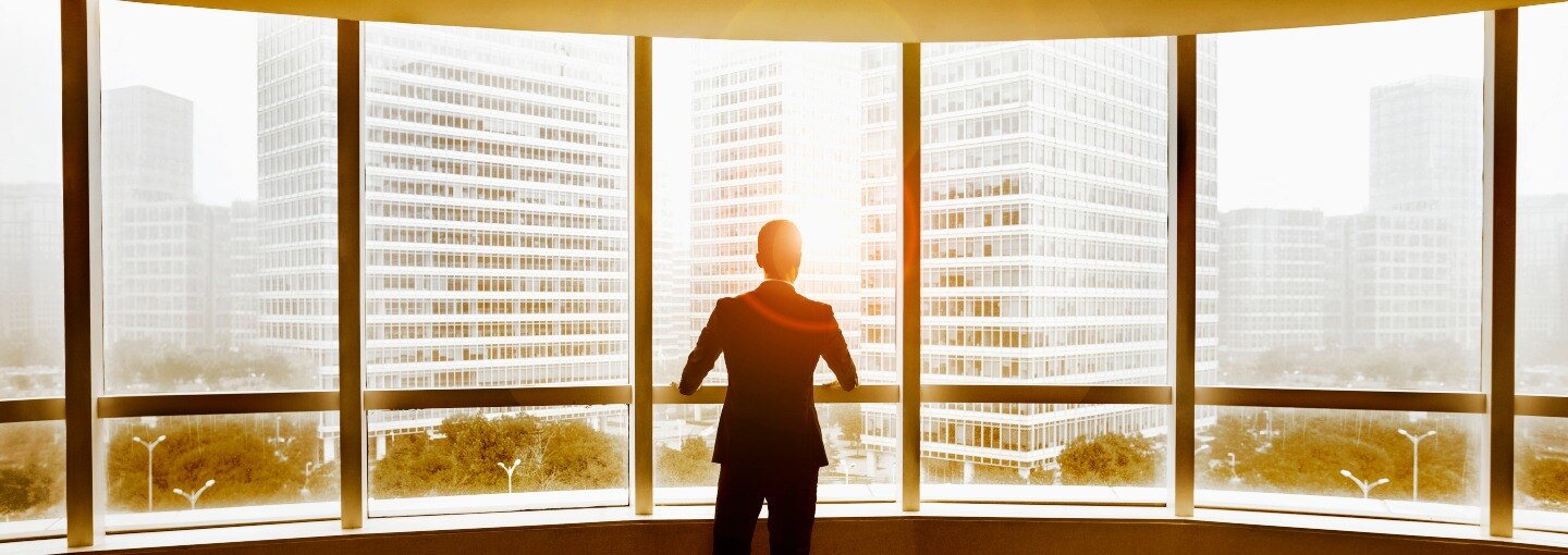 A person standing in front of a building's window