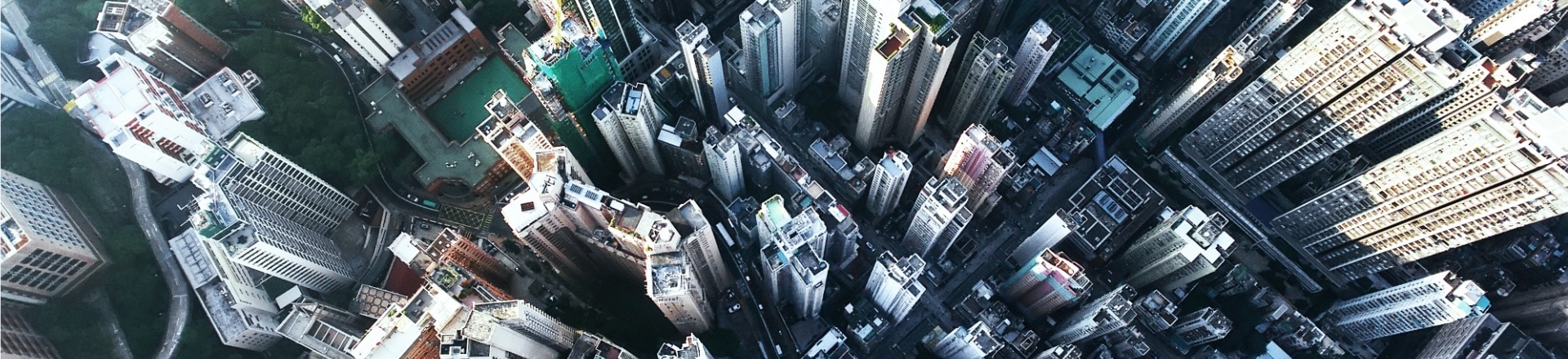 A wide angle view of a city from above