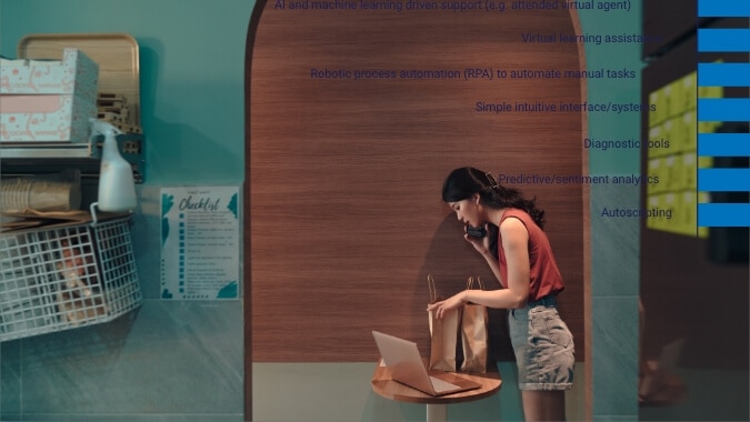 Woman standing beside a small table
