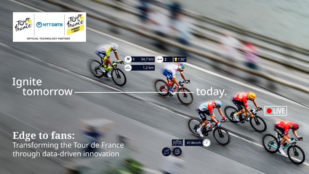 Bikers racing next to a blue and white text and tour de France logo