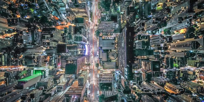 Arial view of busy city streets at night