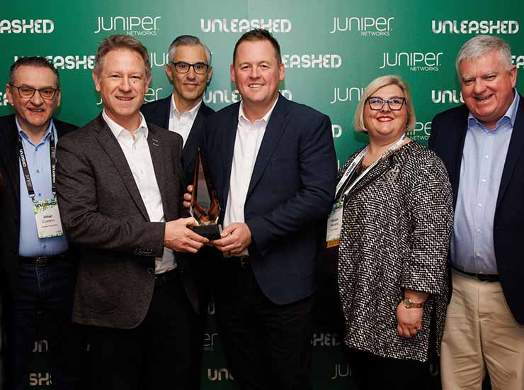 From left, Johan Custers, Senior Partner Manager: NTT Europe at Juniper Networks; Gary Middleton, Vice President: Networking at NTT Europe; Chris Kaddaras, Chief Revenue Officer at Juniper Networks; Gordon Mackintosh, Group Vice President: Channel and Virtual Sales at Juniper Networks; Miriam Murphy, CEO of NTT Europe; and Kevin O’Neill, Managing Director: Global – NTT Alliance at Juniper Networks.