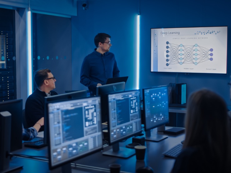 People discussing data on screens