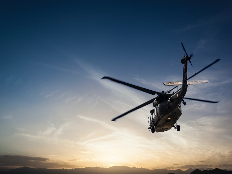 Sunrise shinning on the helicopter