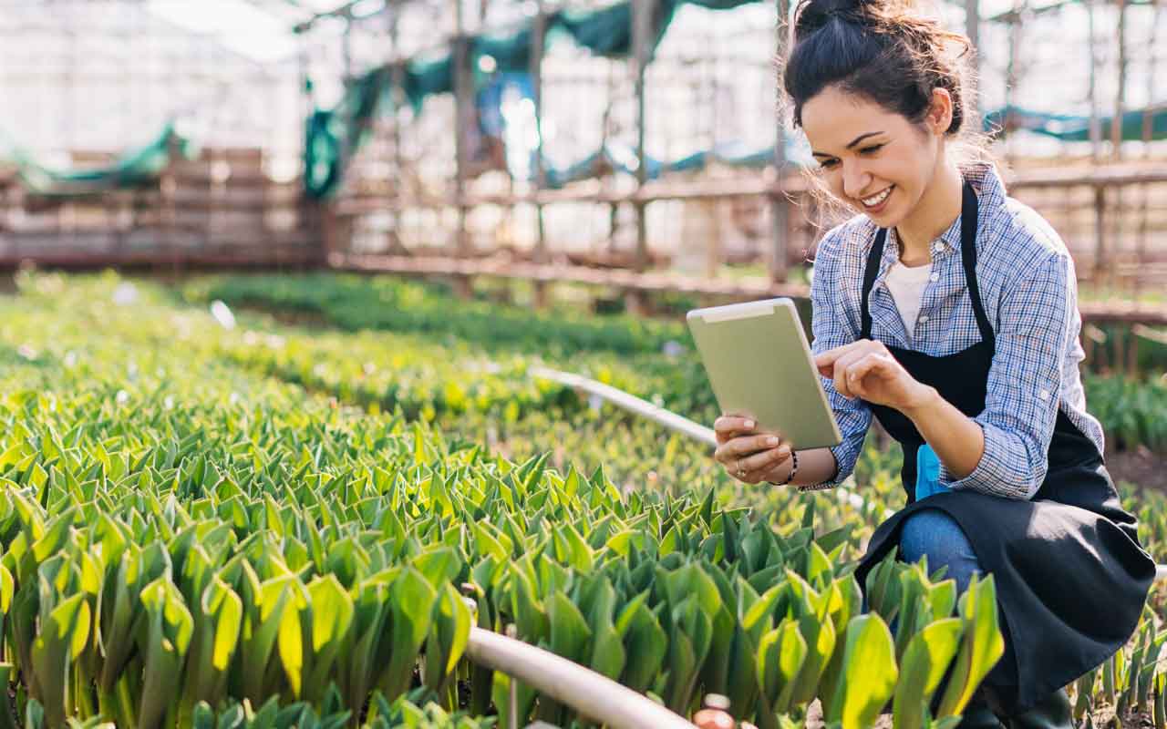 Woman with her table surrounded by plants