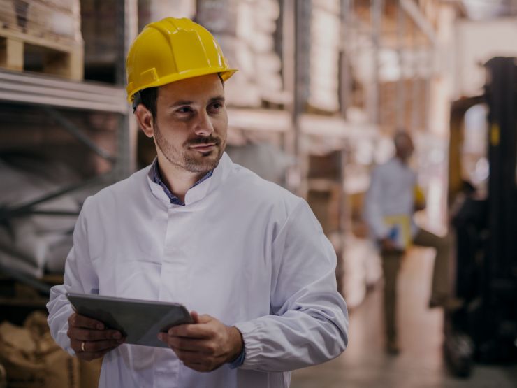Man with yellow hard hat holding a tablet